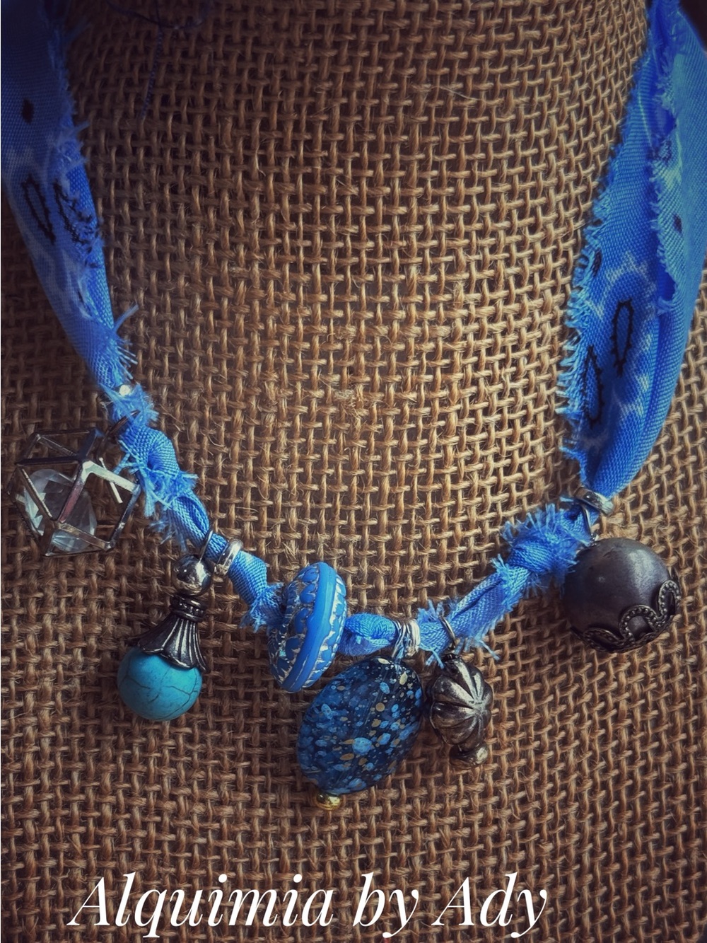 Boho Blue and Turquoise Charm Ribbon Necklace